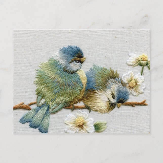 Spring floral pastel mint green embroidery bird postcard (Front)