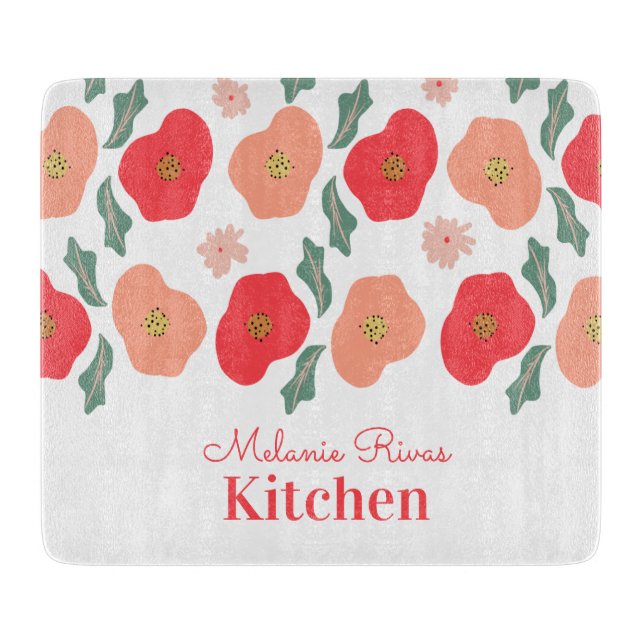 Spring Floral Pattern Hand Drawn Greenery Kitchen Cutting Board (Front)