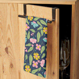 Spring Floral Pattern on Dark Blue Tea Towel