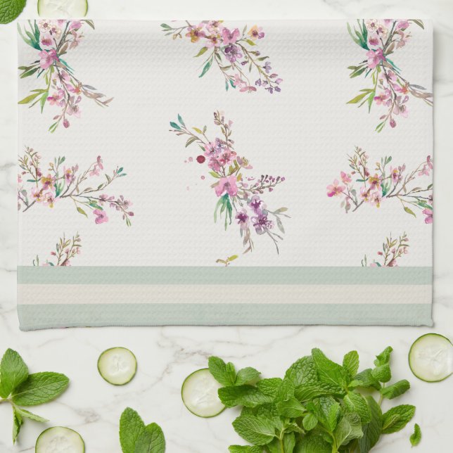 Spring Floral Pattern Watercolor Botanical Tea Towel (Folded)