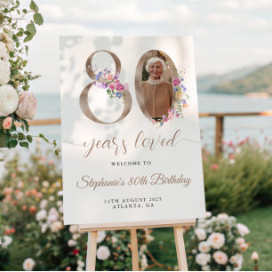 Spring Floral Photo 80th Birthday Welcome Poster