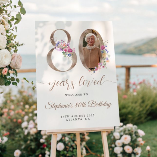 Spring Floral Photo 80th Birthday Welcome Poster (Creator Uploaded)