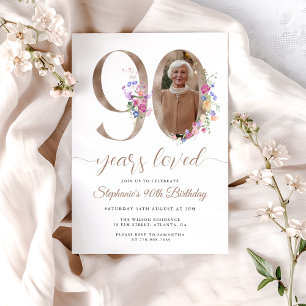 Spring Floral Photo 90th Birthday Invitation