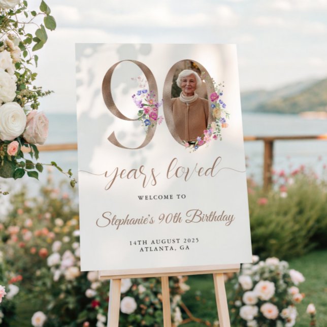 Spring Floral Photo 90th Birthday Welcome Poster (Creator Uploaded)