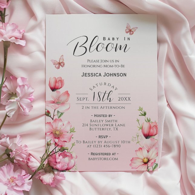 Spring Floral Pink Baby in Bloom Girl Baby Shower Invitation (Pink Baby in Bloom Floral Butterfly Baby Shower Invitation)