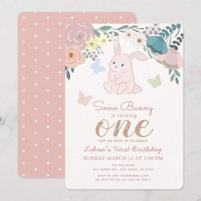 Spring Floral Pink Bunny Girl's 1st Birthday Invitation (Front/Back)