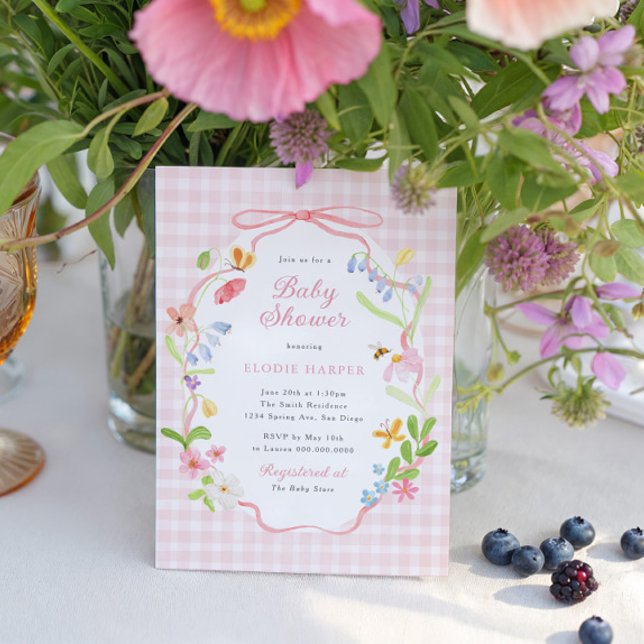 Spring Floral Pink Gingham Baby Shower Invitation (Creator Uploaded)