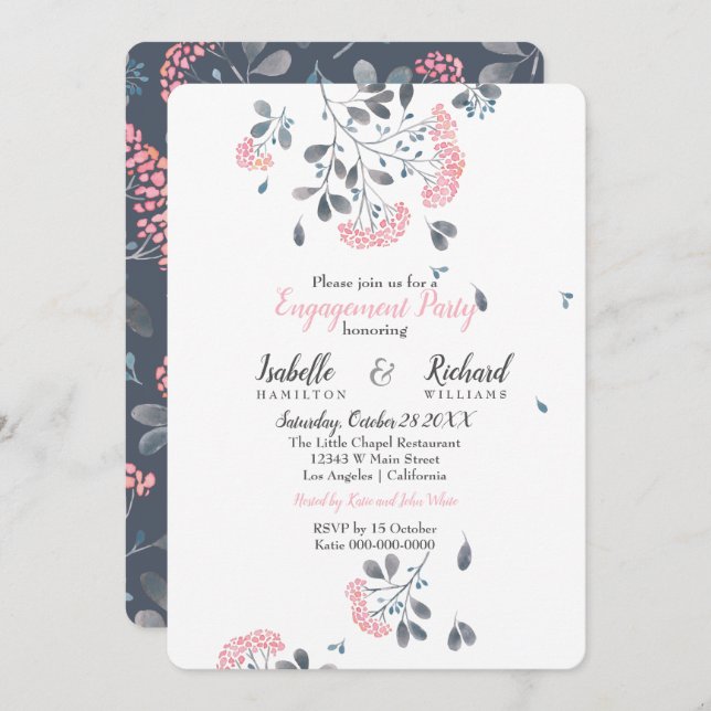 Spring floral pink watercolor Engagement Party Invitation (Front/Back)