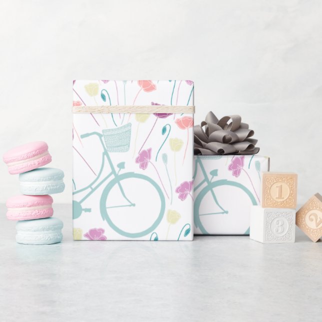 Spring Floral Plum Mint Yellow Retro Bicycle Wrapping Paper (Baby Shower)