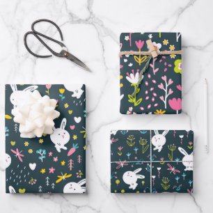 Spring Floral Rabbits Wrapping Paper Set of 3