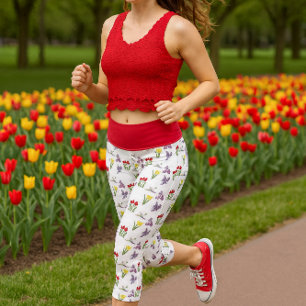 Spring Floral Red Tulip Daffodil Lilac  Capri Leggings