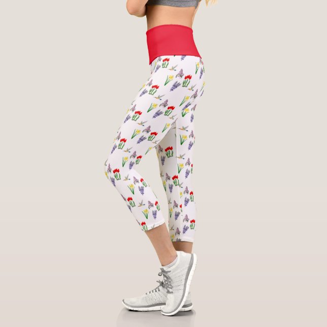 Spring Floral Red Tulip Daffodil Lilac  Capri Leggings (Left)