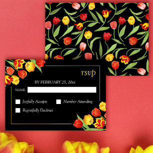 Spring Floral Red & Yellow Tulips Black Wedding RSVP Card
