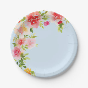 Spring floral roses dusty sky blue paper plate