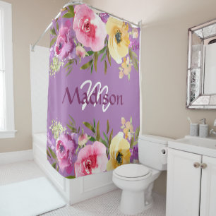 Spring Floral Trendy Girly Monogram Shower Curtain