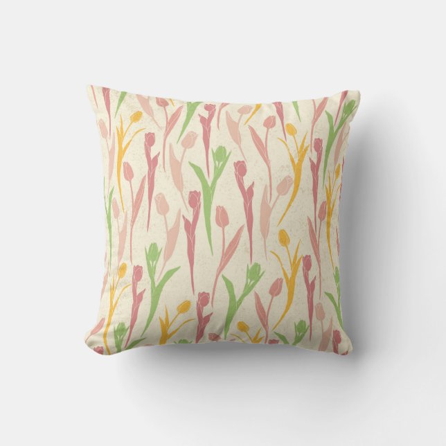Spring Floral Tulip Pink Yellow Green Pattern Cushion (Front)
