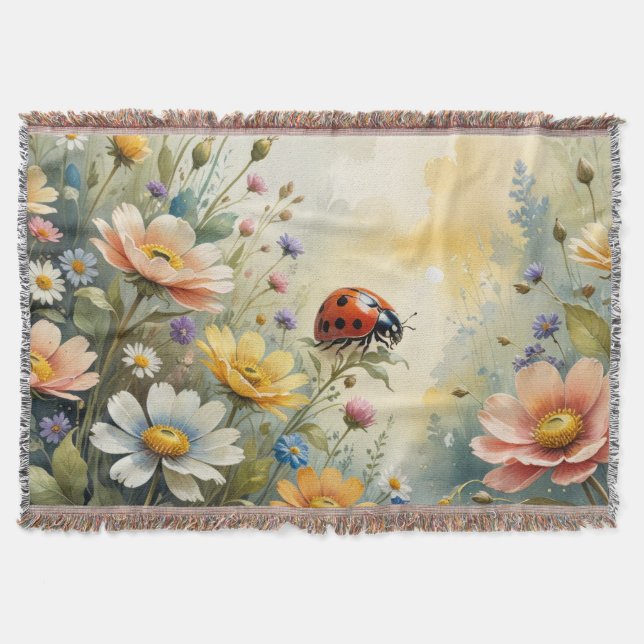 Spring floral Watercolor Ladybug Throw Blanket (Front)