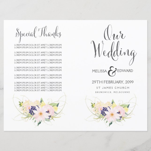 Spring Floral Watercolor Wedding Program Booklet (Front)