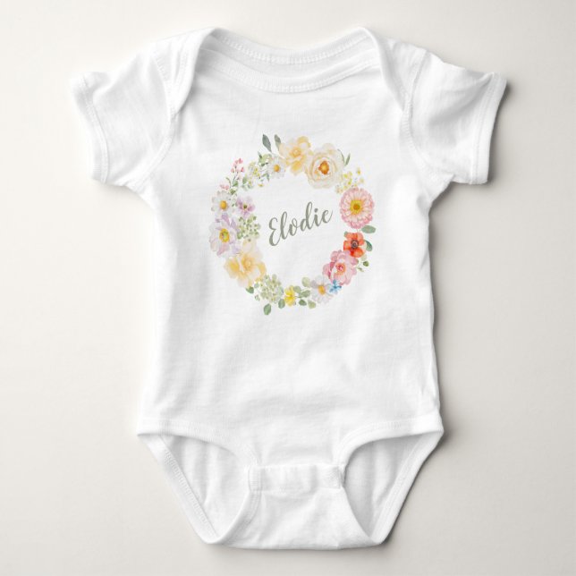Spring Floral Watercolor Wreath Boho Personalised  Baby Bodysuit (Front)