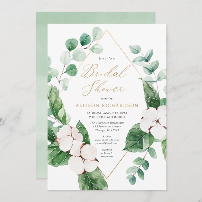 Spring floral white greenery gold elegant bridal invitation (Front/Back)
