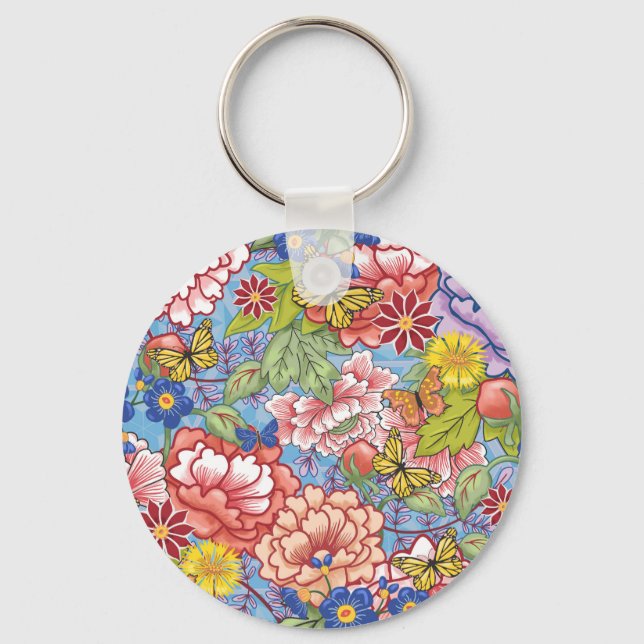 Spring Floral with Peonies and Butterflies Key Ring (Front)