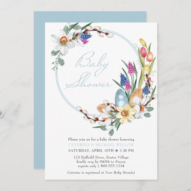 Spring Floral Wreath and Easter Themed Baby Shower Invitation (Front/Back)