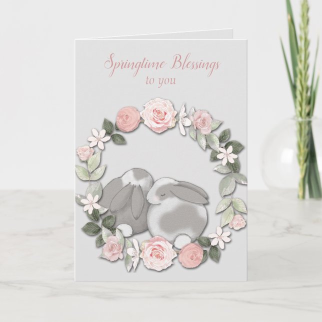 Spring Floral Wreath Bunnies Easter Card (Front)