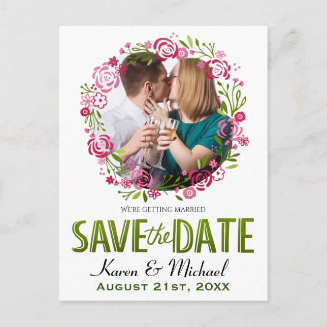 Spring Floral Wreath Custom Photo Save the Date Postcard (Front)