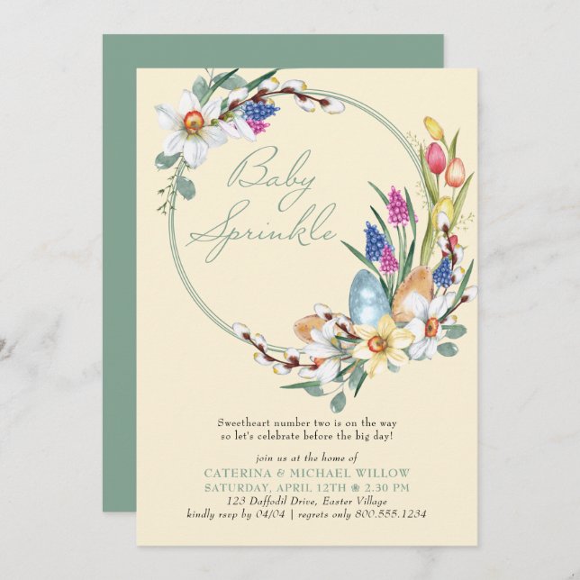 Spring Floral Wreath Easter Theme Baby Sprinkle Invitation (Front/Back)