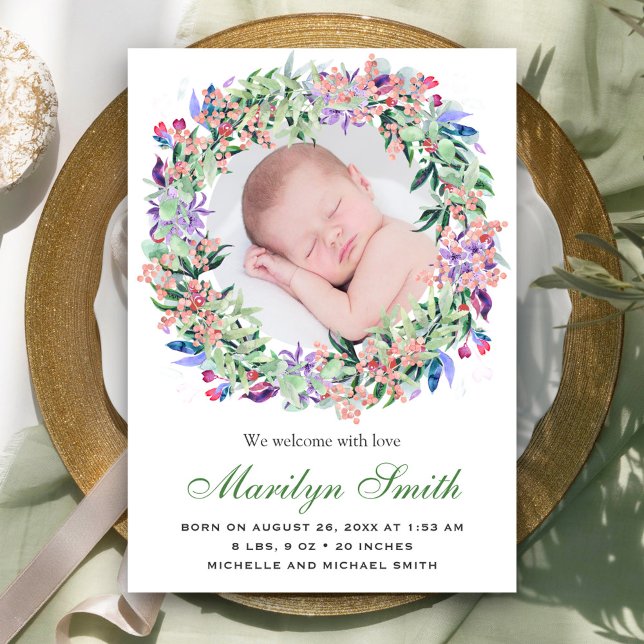 Spring Floral Wreath Photo Birth Announcement (Creator Uploaded)