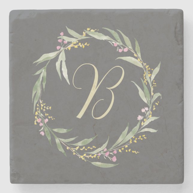 Spring Floral Wreath with Initial Stone Coaster (Front)