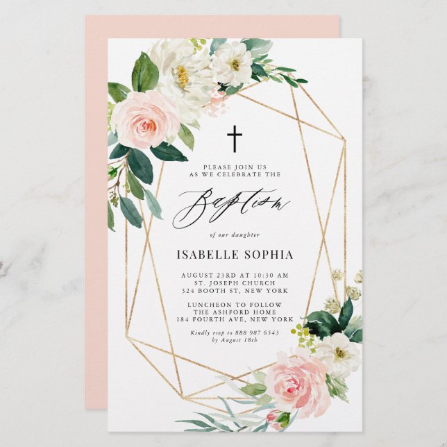 Spring Florals Gold Frame Baptism Invitation (Front/Back)