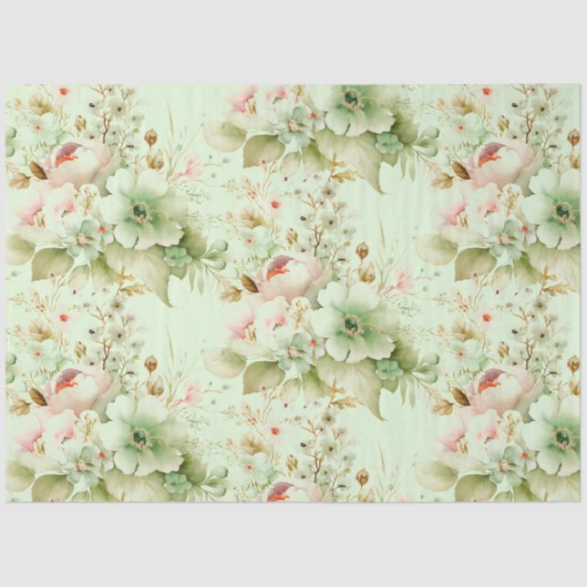 Spring Florals Pink, Pale Green on White Decoupage Tissue Paper (Front)