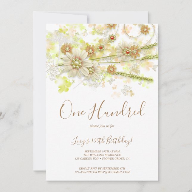 Spring Flower & Beads Decorative 100th Birthday Invitation (Front)