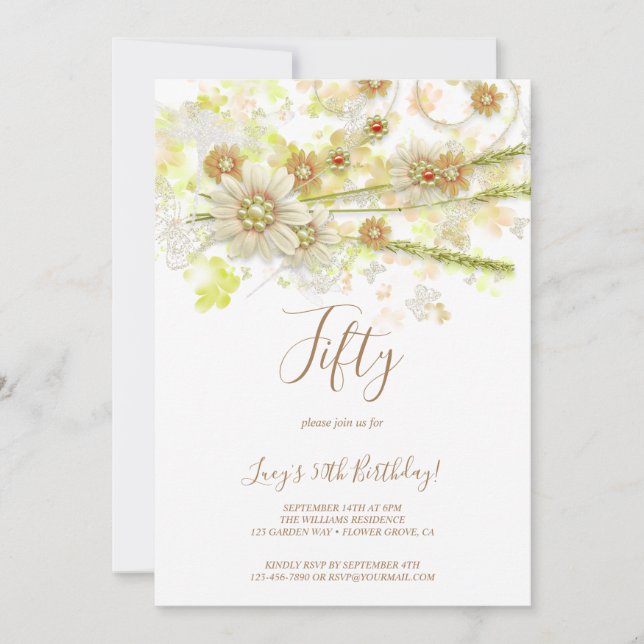 Spring Flower & Beads Decorative 50th Birthday Invitation (Front)