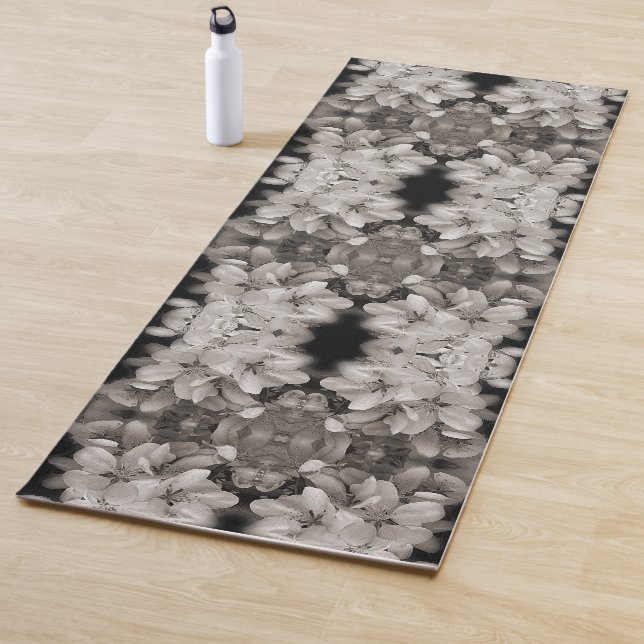 Spring Flower Blossoms Black And White Abstract Yoga Mat (In Situ)