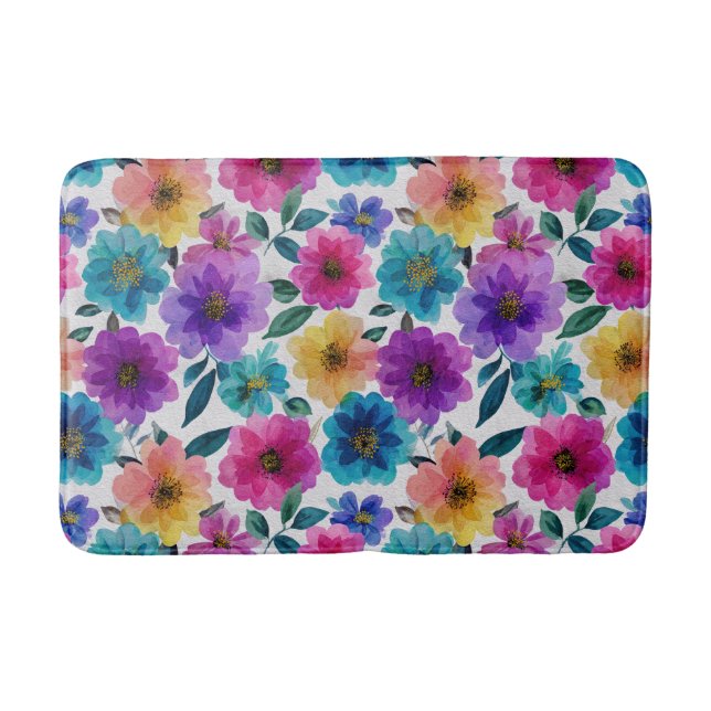 Spring Flower Blossoms Watercolor Floral Pattern Bath Mat (Front)