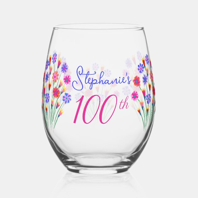 Spring Flower Bouquet Hand Painted 100th Birthday Stemless Wine Glass (Front)