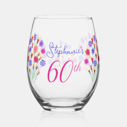 Spring Flower Bouquet Hand Painted 60th Birthday Stemless Wine Glass