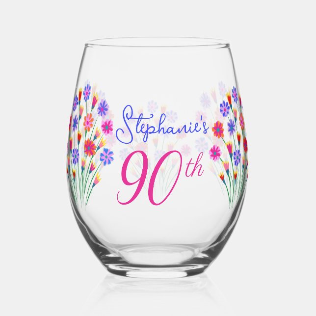 Spring Flower Bouquet Hand Painted 90th Birthday Stemless Wine Glass (Front)