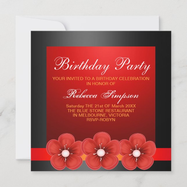 Spring Flower Design Black/Red Birthday Invite (Front)