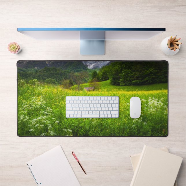 Spring flower field under mountain Krn Desk Mat (Office 1)