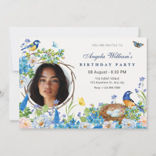 Spring flower garden bird photo birthday  invitation