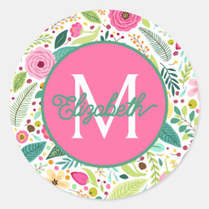 Spring Flower Garden Monogram Classic Round Sticker