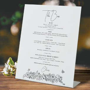 Spring flower line art wedding drinks bar menu pedestal sign