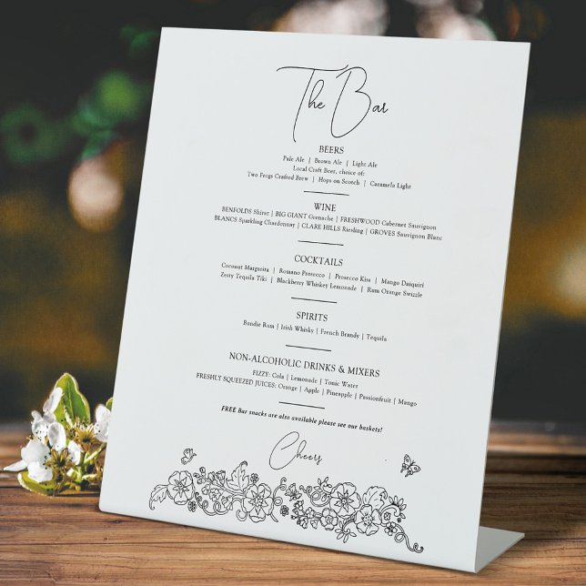 Spring flower line art wedding drinks bar menu pedestal sign (Creator Uploaded)