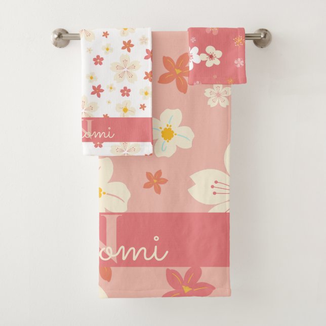 Spring Flower Pattern Monogram Pink Bath Towel Set (Insitu)