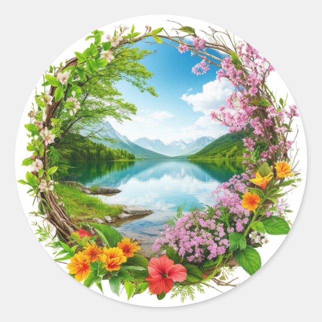 Spring Flower Wreath Framing Tranquil Mountain  Classic Round Sticker (Front)