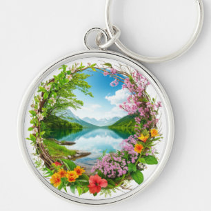 Spring Flower Wreath Framing Tranquil Mountain Key Ring