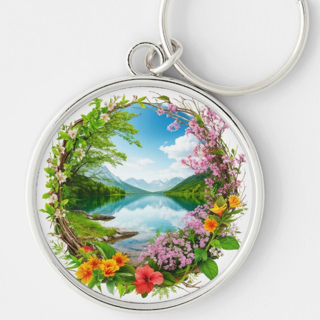 Spring Flower Wreath Framing Tranquil Mountain  Key Ring (Front)